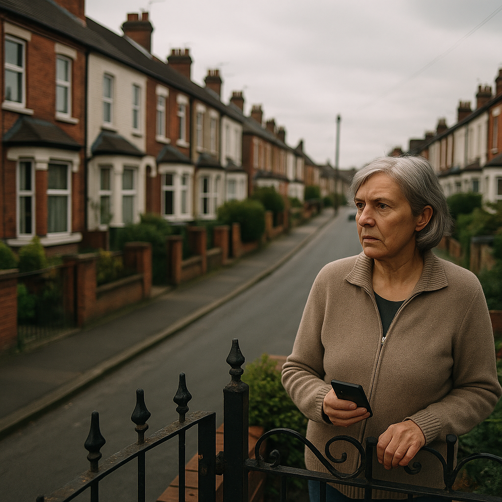 A woman standing at her garden gate on a British terraced street, the kind of community Facebook group legend keeping watch over her neighbourhood