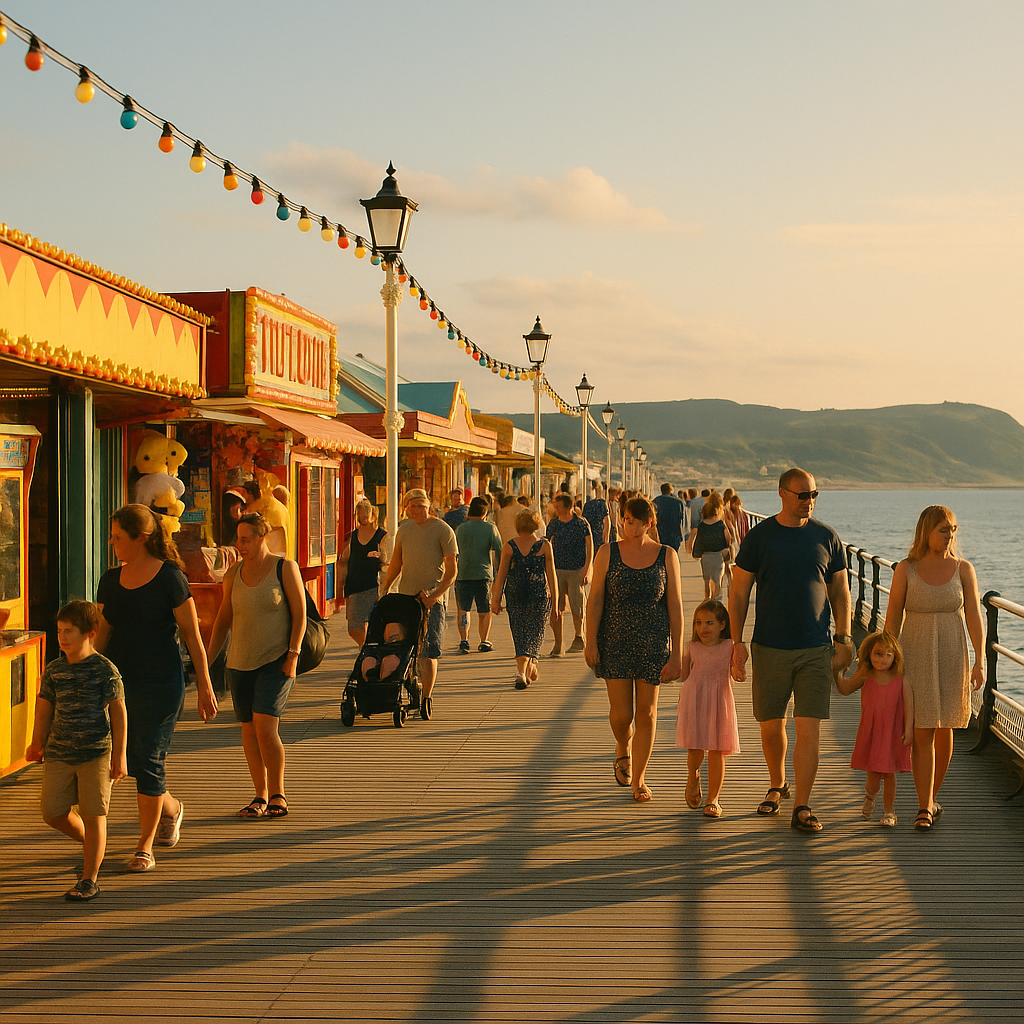 British seaside pier on a summer afternoon, setting for many british seaside viral moments