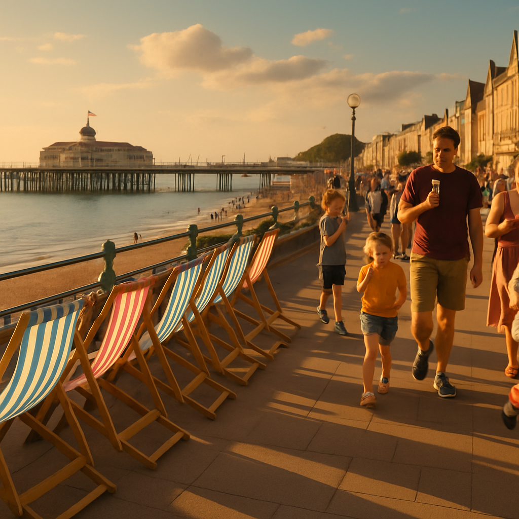 Busy British seaside promenade at sunset, the kind of scene that produces british seaside viral moments every summer