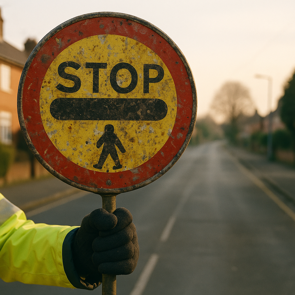 Close-up of a school crossing lollipop sign held by a UK crossing patroller, symbolic of the lollipop person viral UK phenomenon