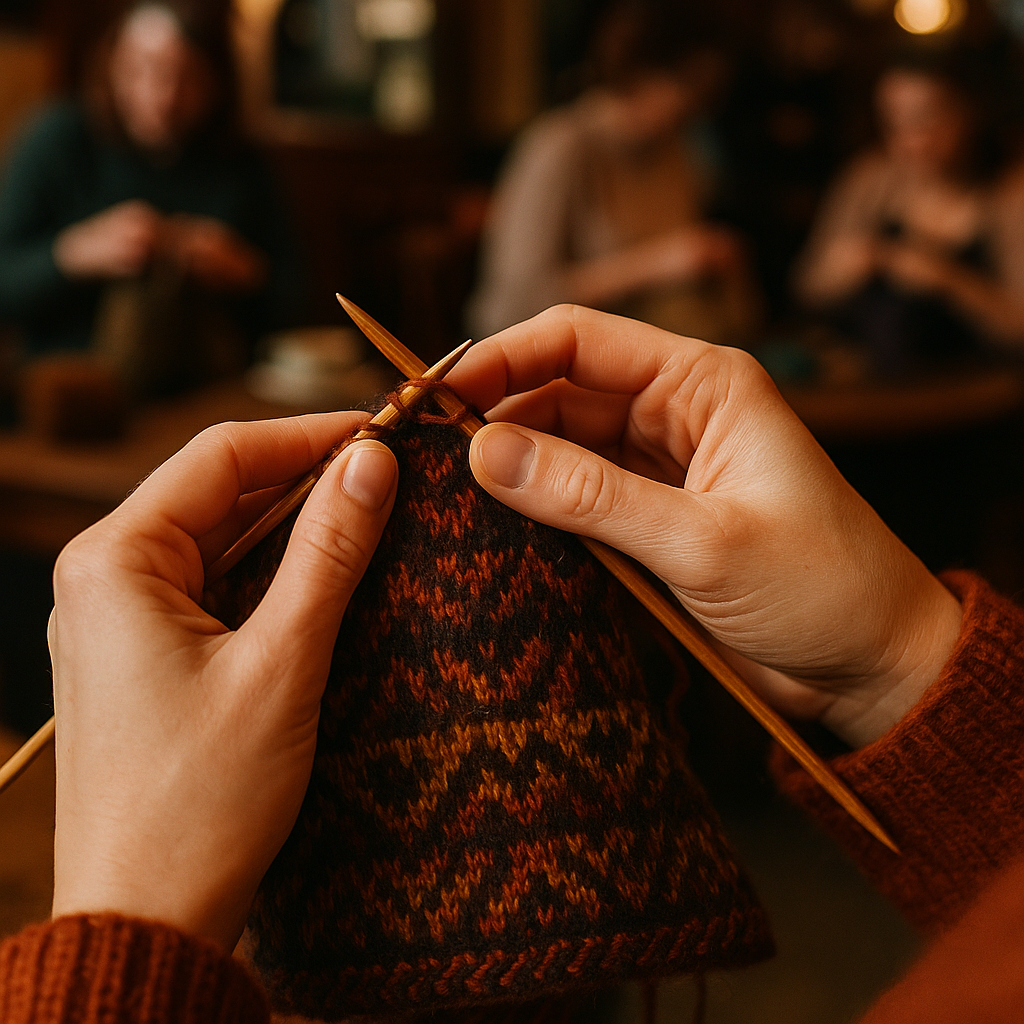 Close-up of colourwork knitting at a UK knitting group session, the kind of detail that catches the internet's eye