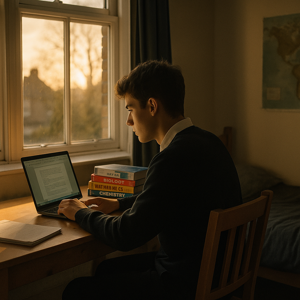 Sixth-form student writing a UCAS personal statement that goes viral UK style at a bedroom desk