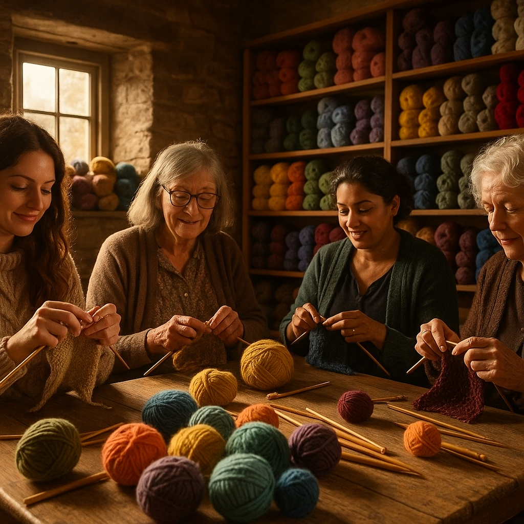 Women at a knitting group in a UK wool shop — the kind of scene that goes viral in the UK for all the right reasons