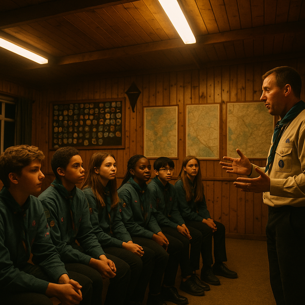 Young scouts meeting inside a traditional British scout hut, reflecting the uk youth groups producing famous people pipeline