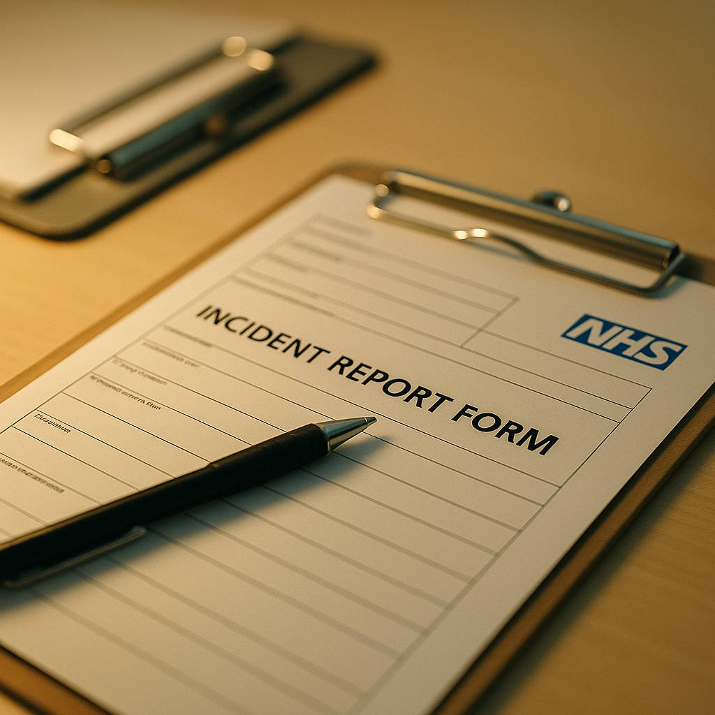 NHS incident report paperwork on a desk, the kind NHS whistleblowers complete when raising patient safety concerns