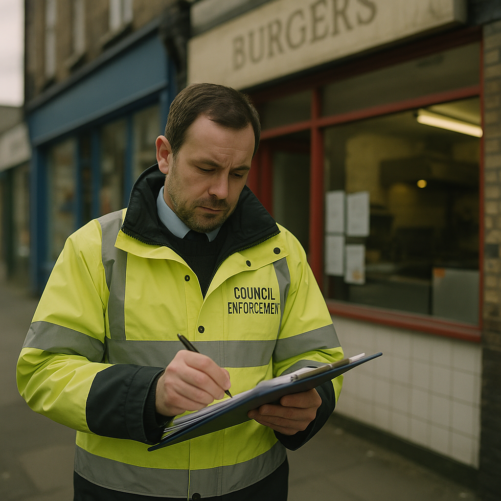 UK council enforcement officer reviewing inspection notes outside a high street premises, illustrating UK council enforcement officers social media content