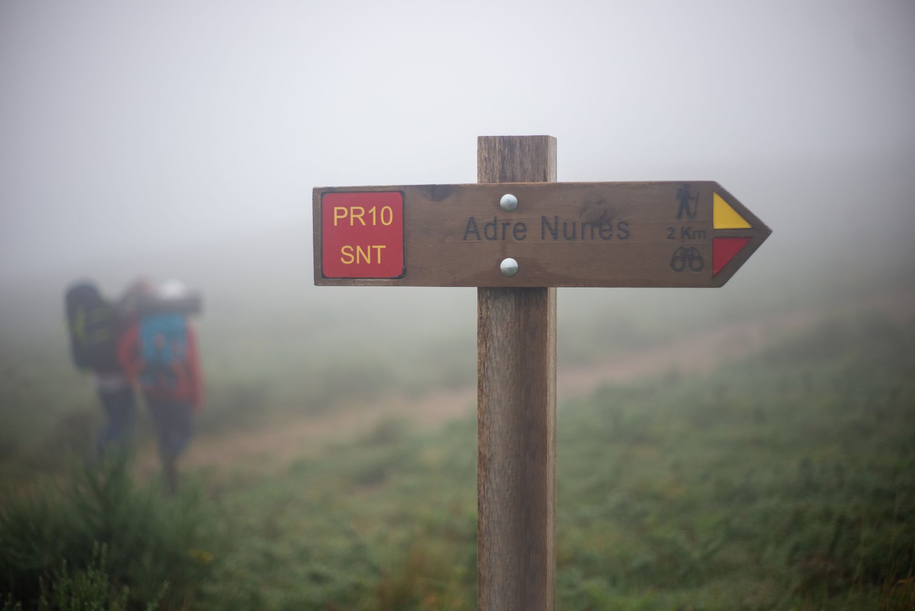 New wooden footpath waymark post installed by footpath volunteers in the Peak District